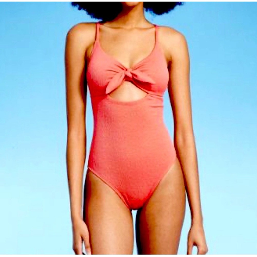 Shade & Shore Crepe Bralette Tie-Front One Piece Swimsuit Womens Large Pink‎ NWT